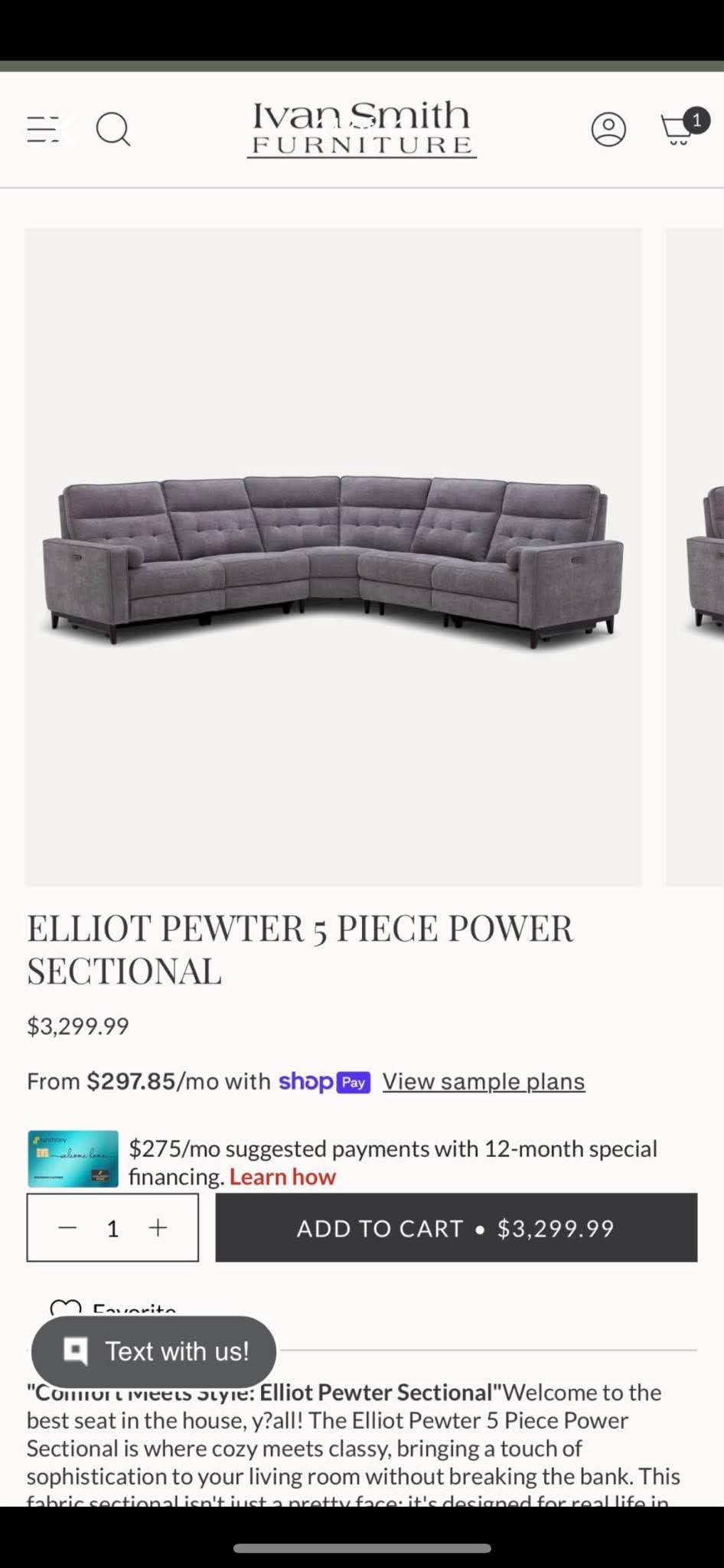Elliot Pewter 5 Piece Power Sectional